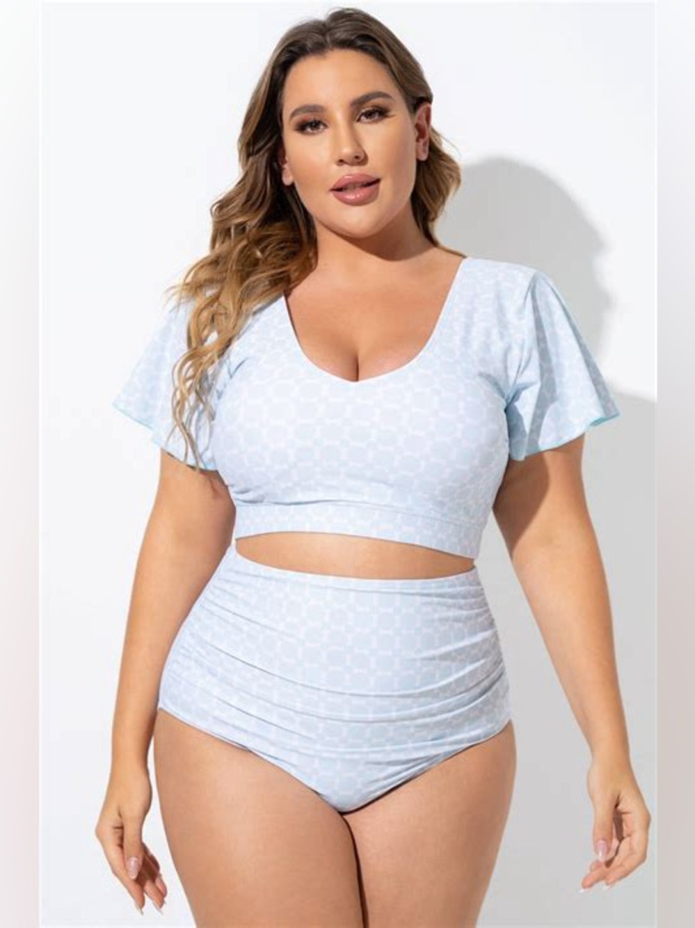 Meet.Curve Matching Set Blue V-neck Flutter Sleeve Top High Waist Bottom